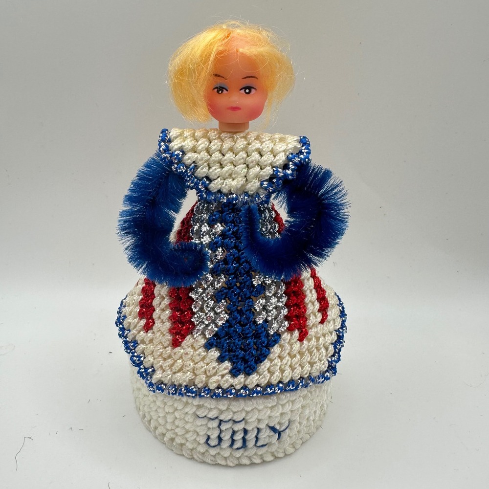 Vintage Plastic Canvas July Birth Month Doll Red White Blue Handmade Kitsch 6.5"